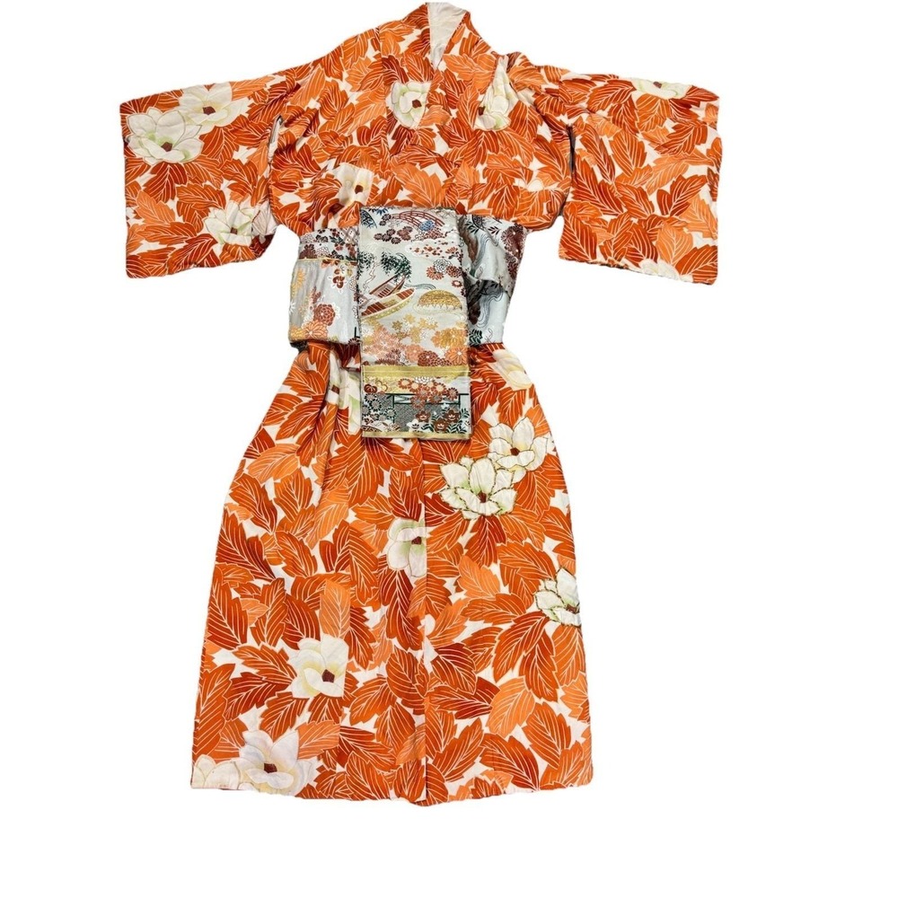 VTG Silk‎ Kimono W Obi Oranges Gold Embroidery Floral Lotus Heavy Boho OS